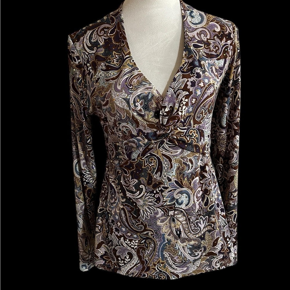 Beautiful INC International Concepts, petite, Paisley Long Sleeve Top with bling